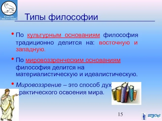 Типы философии По культурным основаниям философия традиционно делится на: восточную и