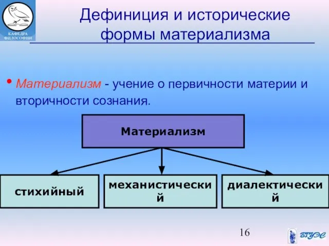 Дефиниция и исторические формы материализма Материализм - учение о первичности материи