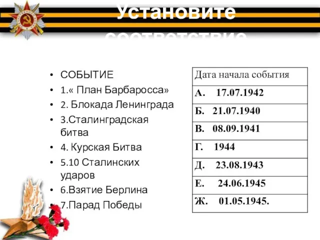 Установите соответствие СОБЫТИЕ 1.« План Барбаросса» 2. Блокада Ленинграда 3.Сталинградская битва