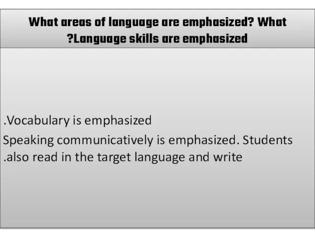 What areas of language are emphasized? What Language skills are emphasized?