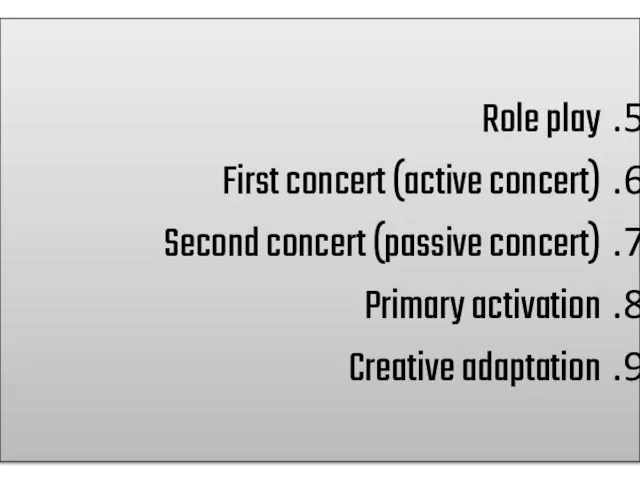 Role play First concert (active concert) Second concert (passive concert) Primary activation Creative adaptation