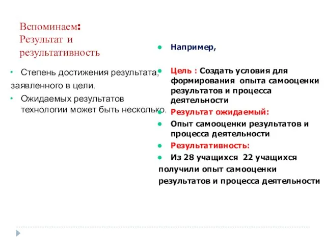 Вспоминаем: Результат и результативность Степень достижения результата, заявленного в цели. Ожидаемых