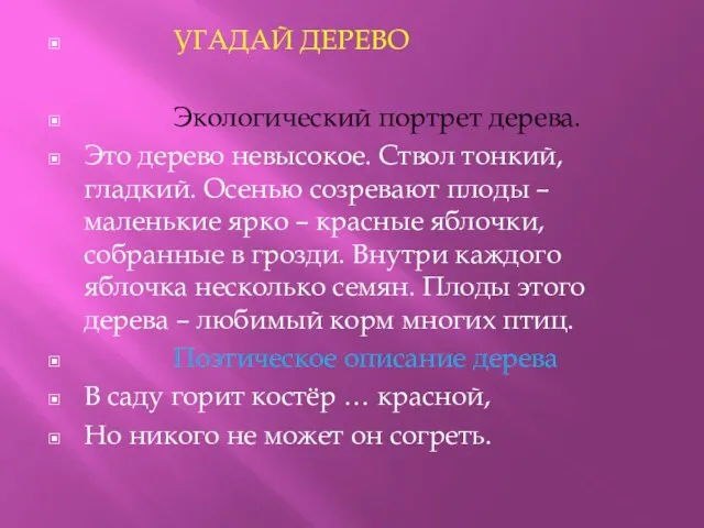 УГАДАЙ ДЕРЕВО Экологический портрет дерева. Это дерево невысокое. Ствол тонкий, гладкий.