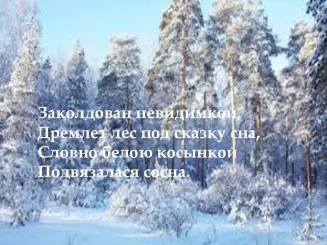 Текст надписи Заколдован невидимкой, Дремлет лес под сказку сна, Словно белою косынкой Подвязалася сосна.