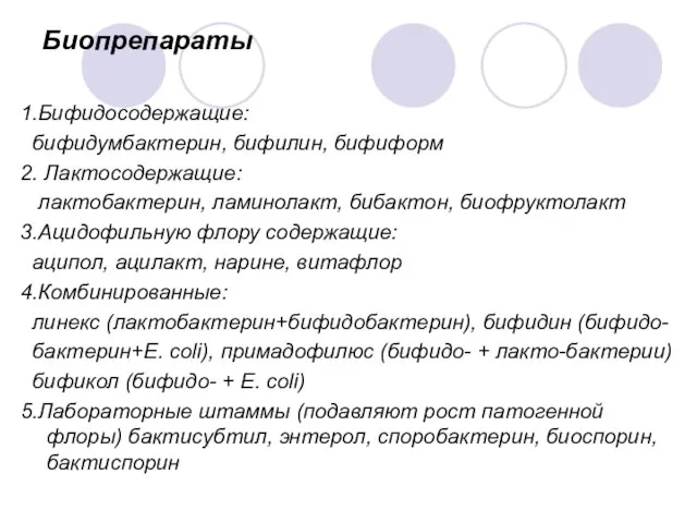 Биопрепараты 1.Бифидосодержащие: бифидумбактерин, бифилин, бифиформ 2. Лактосодержащие: лактобактерин, ламинолакт, бибактон, биофруктолакт