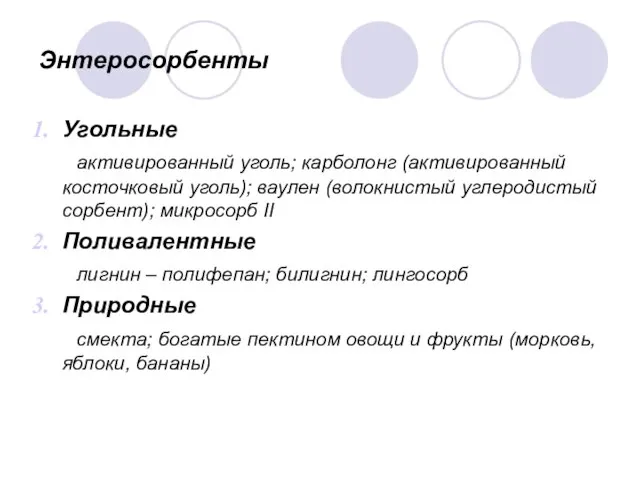 Энтеросорбенты Угольные активированный уголь; карболонг (активированный косточковый уголь); ваулен (волокнистый углеродистый