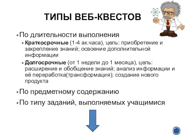 ТИПЫ ВЕБ-КВЕСТОВ По длительности выполнения Краткосрочные (1-4 ак.часа), цель: приобретение и