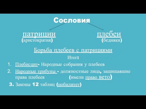 патриции плебеи (аристократия) (бедняки) Борьба плебеев с патрициями Итог: Плебисцит- Народные