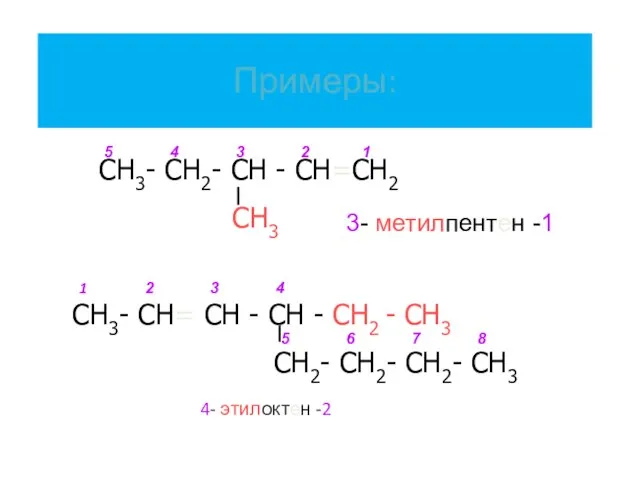 Примеры: 4- этилоктен -2 СН3- СН2- СН - СН=СН2 СН3 СН3-