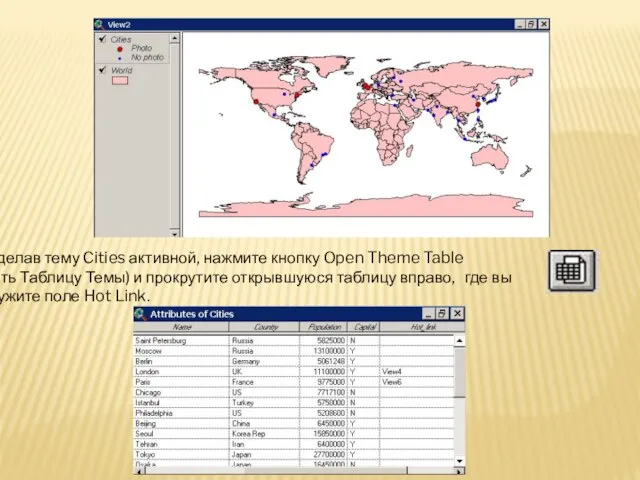 Сделав тему Cities активной, нажмите кнопку Open Theme Table (открыть Таблицу