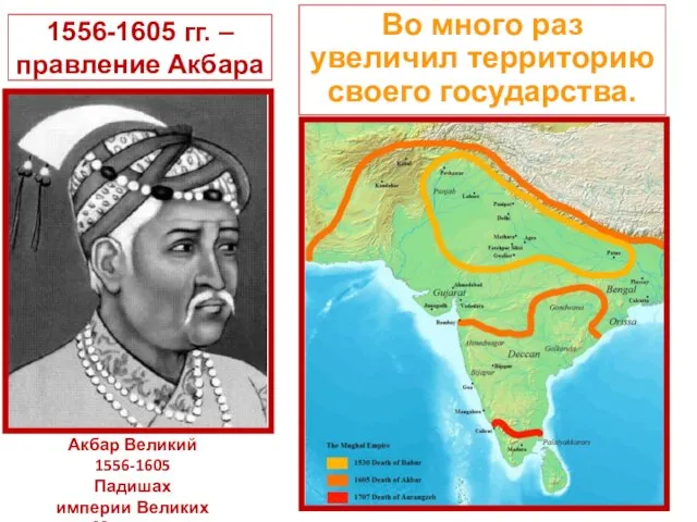 1556-1605 гг. – правление Акбара Во много раз увеличил территорию своего