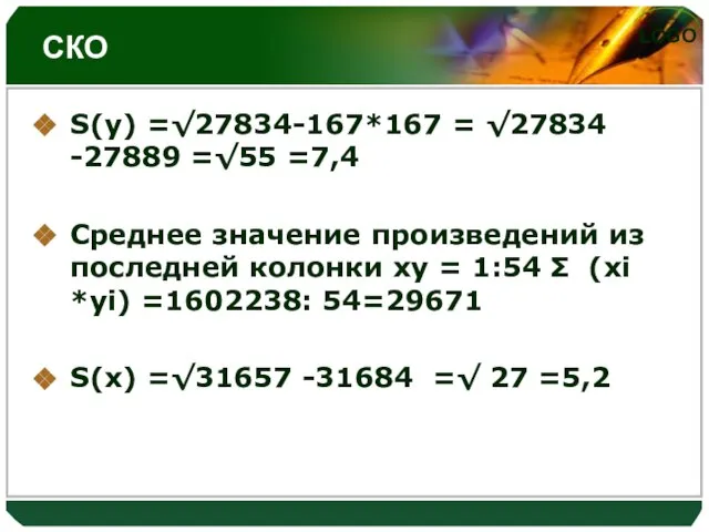 СКО S(у) =√27834-167*167 = √27834 -27889 =√55 =7,4 Среднее значение произведений