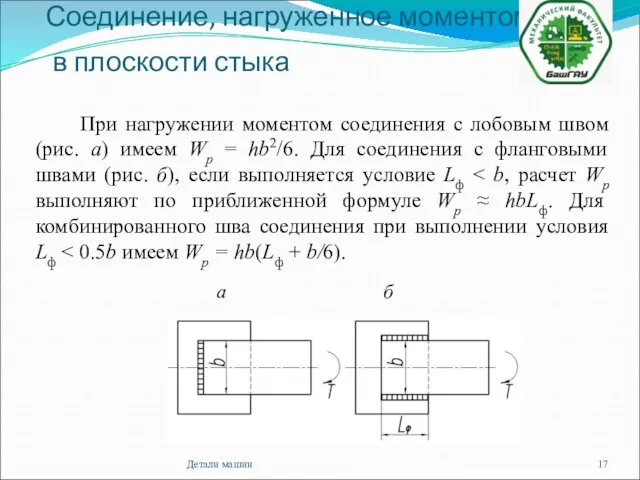 Соединение, нагруженное моментом в плоскости стыка Детали машин При нагружении моментом