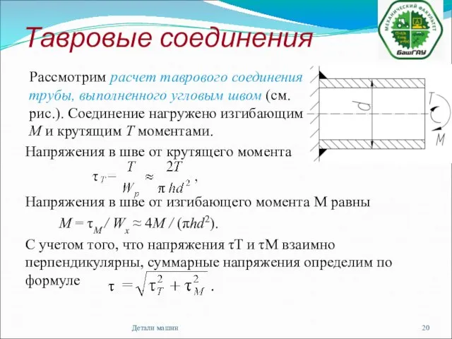 Тавровые соединения Рассмотрим расчет таврового соединения трубы, выполненного угловым швом (см.