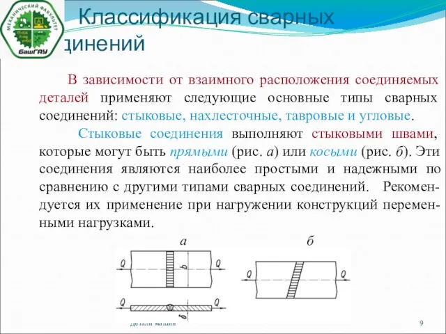 Классификация сварных соединений Детали машин В зависимости от взаимного расположения соединяемых