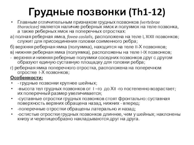 Грудные позвонки (Th1-12) Главным отличительным признаком грудных позвонков (vertebrae thoracicae) является