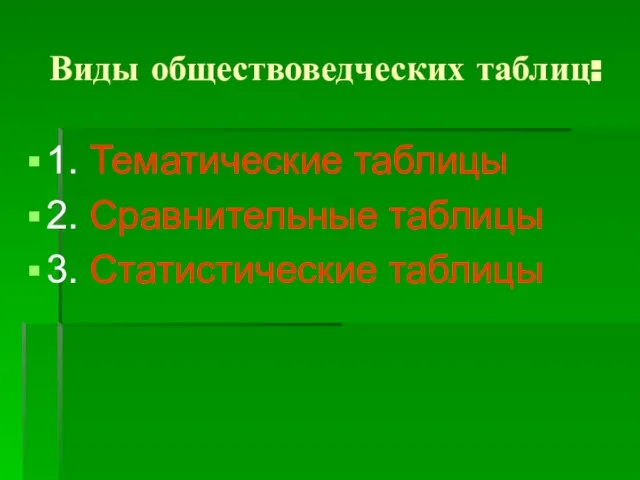 Виды обществоведческих таблиц: 1. Тематические таблицы 2. Сравнительные таблицы 3. Статистические таблицы