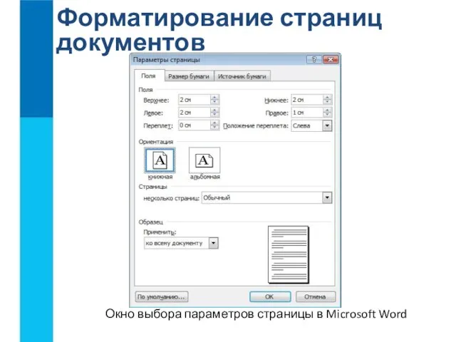 Форматирование страниц документов Окно выбора параметров страницы в Microsoft Word