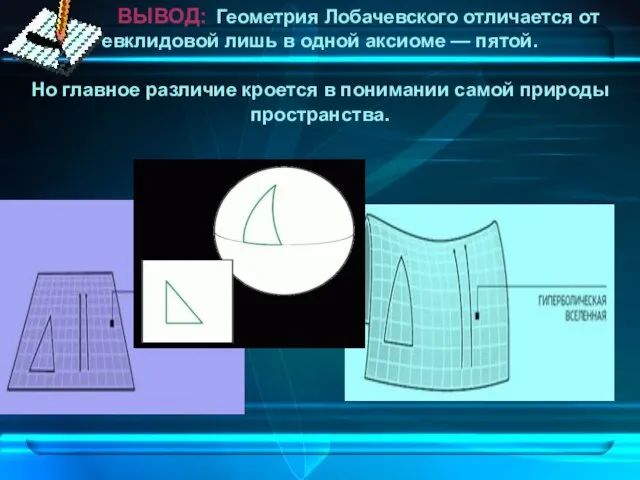 ВЫВОД: Геометрия Лобачевского отличается от евклидовой лишь в одной аксиоме —