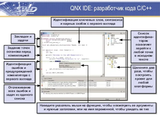 QNX IDE: разработчик кода C/C++ Список идентифика-торов позволяет перейти к любой