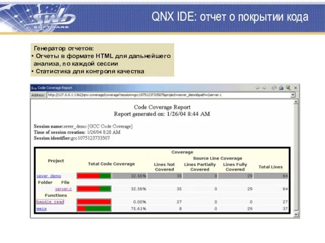 QNX IDE: отчет о покрытии кода Генератор отчетов: Отчеты в формате