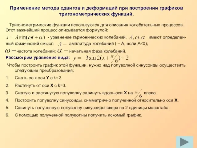 Применение метода сдвигов и деформаций при построении графиков тригонометрических функций. Тригонометрические