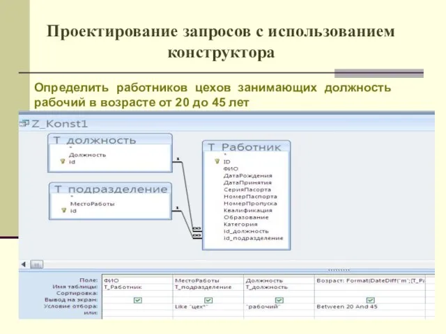 Проектирование запросов с использованием конструктора Определить работников цехов занимающих должность рабочий