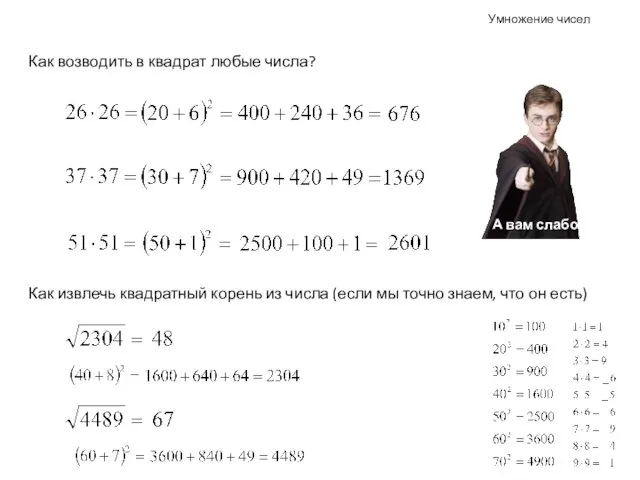 Умножение чисел Как возводить в квадрат любые числа? Как извлечь квадратный