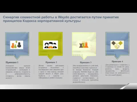 Синергия совместной работы в Waydo достигается путем принятия принципов Кодекса корпоративной культуры