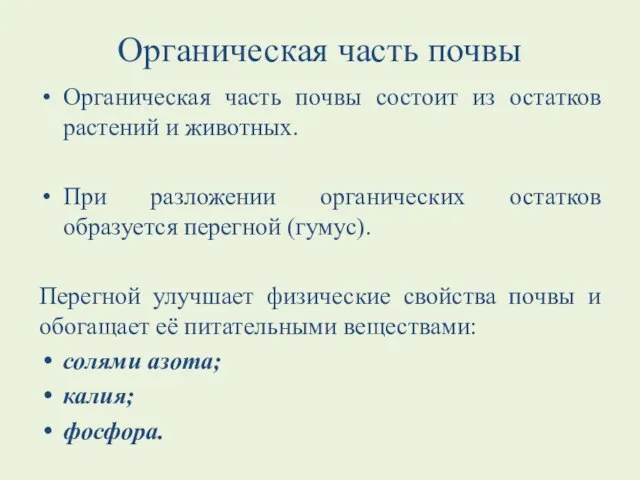 Органическая часть почвы Органическая часть почвы состоит из остатков растений и