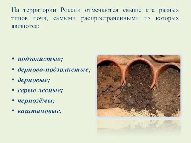 На территории России отмечаются свыше ста разных типов почв, самыми распространенными