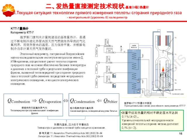 俄罗斯KTT-7热量计示意图 Принципиальная схема российского калориметра КТТ-7 KTT-7量热计 Калориметр КТТ-7 俄罗斯门捷列夫计量院建设的基准量热计，是通过不断电制冷液化热管内因天然气燃烧传热导致的气化氟利昂，而使热管内的温度、压力保持平衡，并根据电制冷功率计算天然气发热量的。 Эталонный