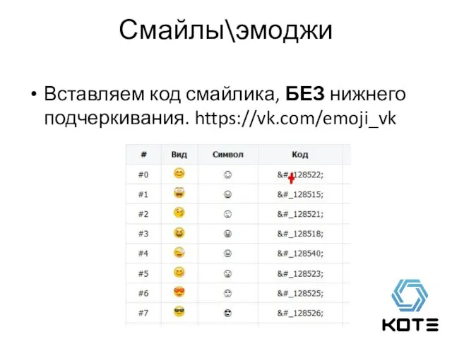 Смайлы\эмоджи Вставляем код смайлика, БЕЗ нижнего подчеркивания. https://vk.com/emoji_vk