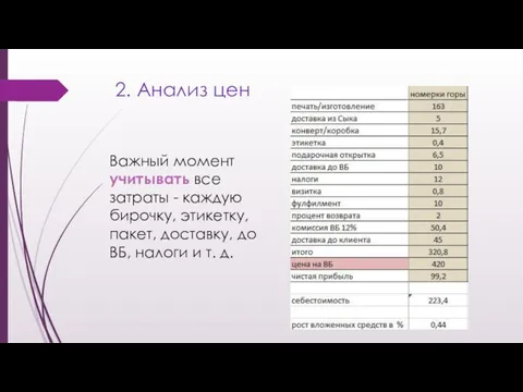 2. Анализ цен Важный момент учитывать все затраты - каждую бирочку,