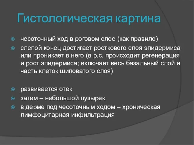 Гистологическая картина чесоточный ход в роговом слое (как правило) слепой конец