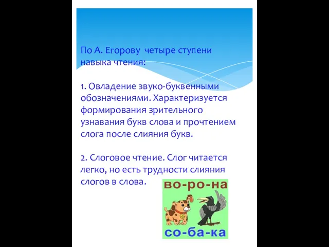 По А. Егорову четыре ступени навыка чтения: 1. Овладение звуко-буквенными обозначениями.