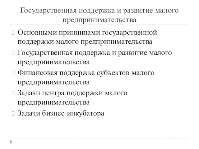 Государственная поддержка и развитие малого предпринимательства Основными принципами государственной поддержки малого