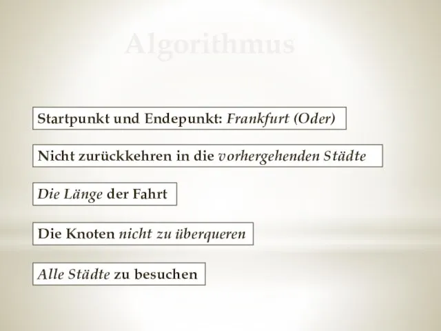 Algorithmus Startpunkt und Endepunkt: Frankfurt (Oder) Nicht zurückkehren in die vorhergehenden