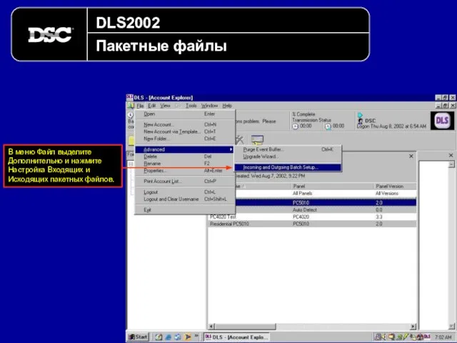 DLS2002 Пакетные файлы В меню Файл выделите Дополнительно и нажмите Настройка Входящих и Исходящих пакетных файлов.