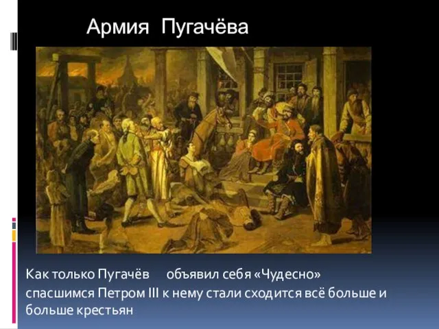 Армия Пугачёва Как только Пугачёв объявил себя «Чудесно» спасшимся Петром III