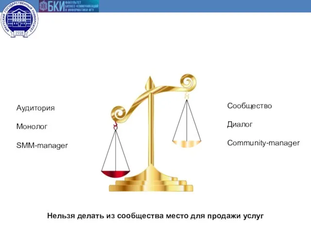 Аудитория Монолог SMM-manager Сообщество Диалог Community-manager Нельзя делать из сообщества место для продажи услуг