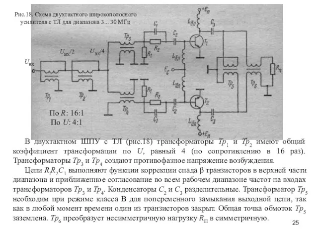 Рис.18. Схема двухтактного широкополосного усилителя с ТЛ для диапазона 3... 30