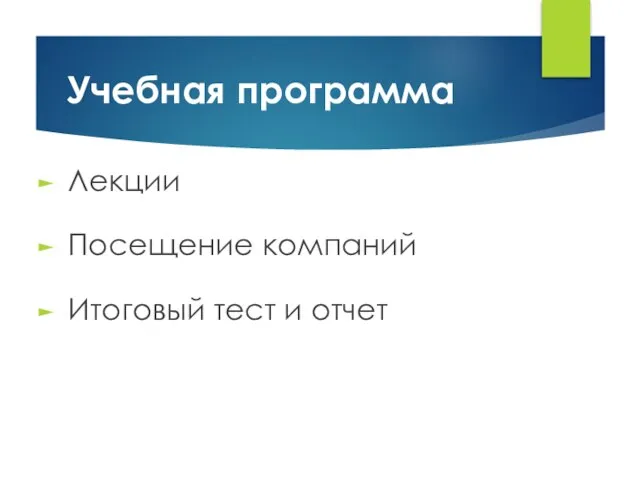 Учебная программа Лекции Посещение компаний Итоговый тест и отчет