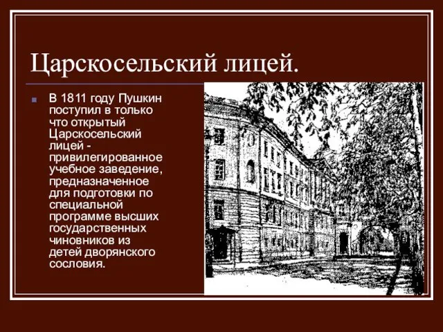 Царскосельский лицей. В 1811 году Пушкин поступил в только что открытый