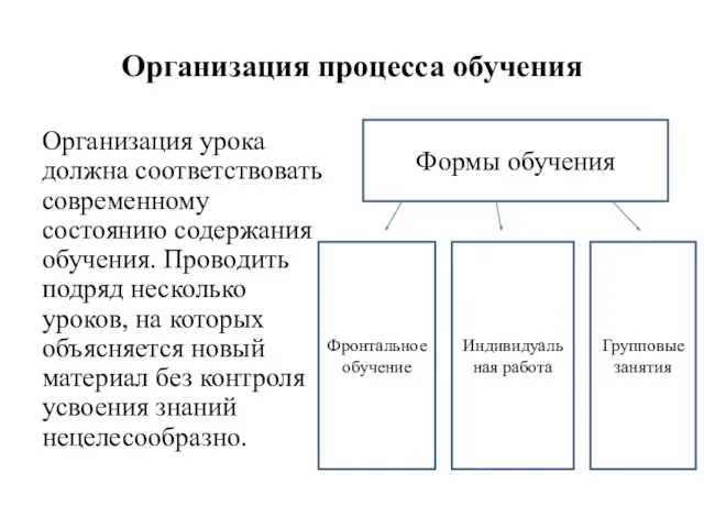 Организация процесса обучения Организация урока должна соответствовать современному состоянию содержания обучения.