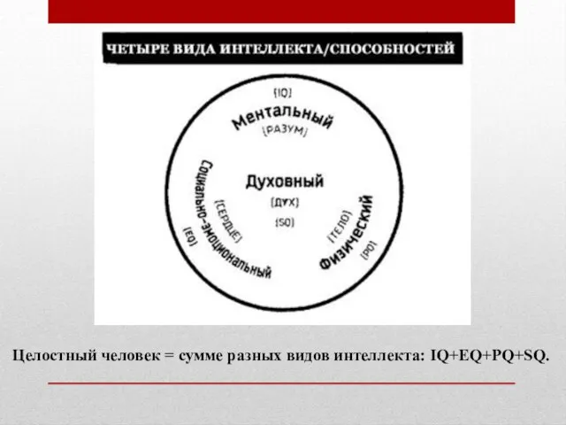 Целостный человек = сумме разных видов интеллекта: IQ+EQ+PQ+SQ.