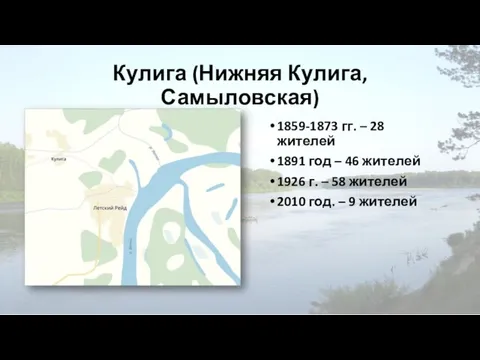 Кулига (Нижняя Кулига, Самыловская) 1859-1873 гг. – 28 жителей 1891 год