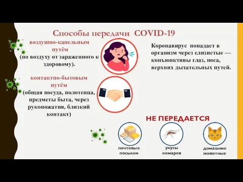 Способы передачи COVID-19 Коронавирус попадает в организм через слизистые — конъюнктивы глаз, носа, верхних дыхательных путей.