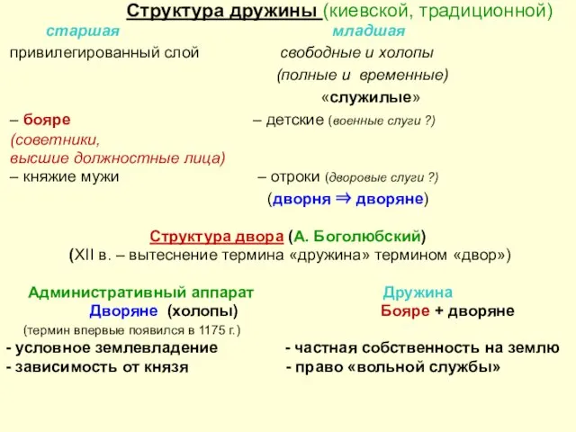 Структура дружины (киевской, традиционной) старшая младшая привилегированный слой свободные и холопы