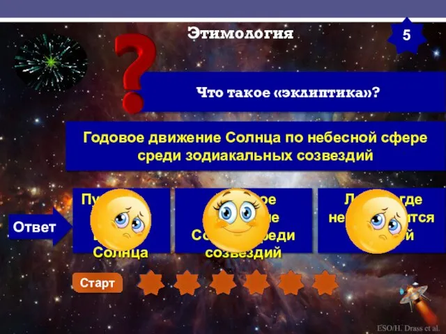 Этимология 5 Что такое «эклиптика»? Ответ Путь Земли вокруг Солнца Годовое